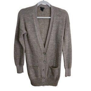 Club Monaco Neutral Wool Blend V Neck Elbow Patch Cardigan Sweater *Flaw Size S